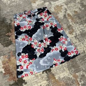 DM BM Vintage Y2K Grey Red White Black Floral Printed Flower Knee Length Skirt S